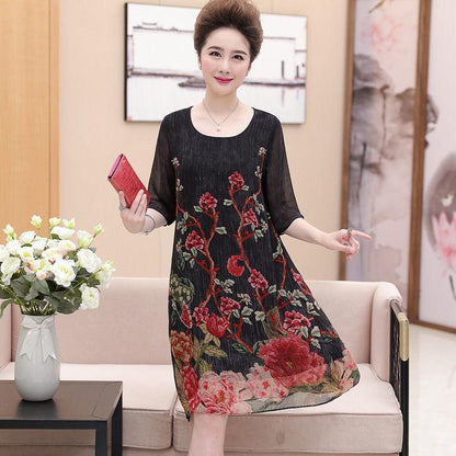 Middle-aged mother L-XXXXL Women's summer dressChiffon Veil Short sleeve Round neck printing Daily wear
