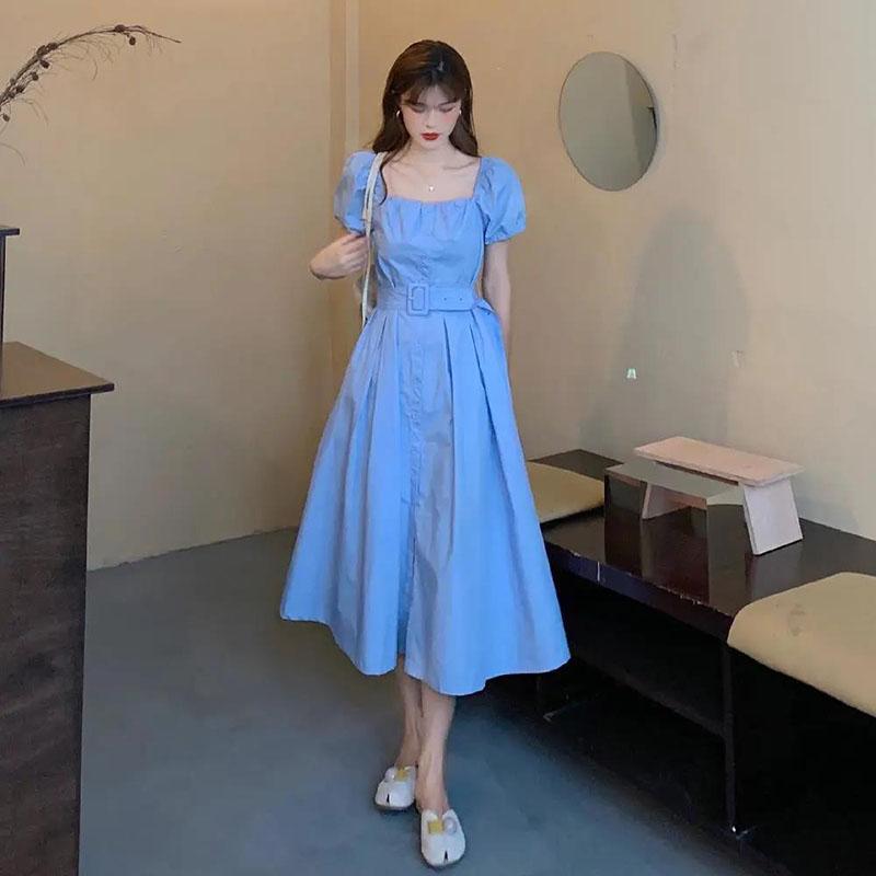 Women's Summer Mid-length Skirt Solid Color Square Neck Puff Sleeve Dress