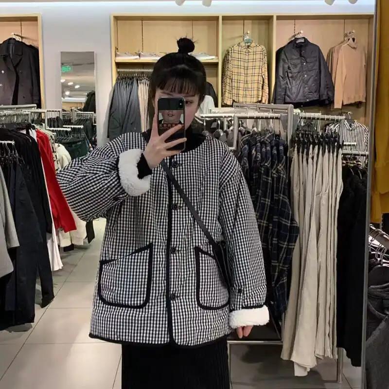 Plaid Cotton Coat Lamb Hair Plus Velvet Thickening Student Korean Style Loose Coat Coat Women