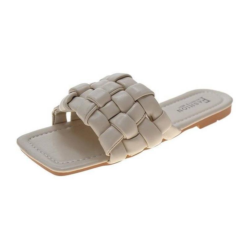 Slippers Women's Woven Square Toe Sandals Women's Summer Korean Version of All-match Flat-bottom Breathable Sandals Women's Outer Wear