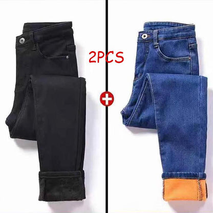 2pcs Plus Velvet Padded Jeans Women's High Waist Slimming Trousers Warm Solid Color Plus Size Slim Trousers with Elastic Fashion Two Pieces