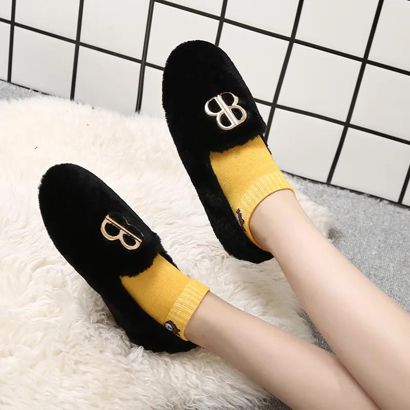 Hairy Shoes Women's Autumn All-match Round-toe Flat-bottomed Comfortable Lazy Casual Pedal Peas Shoes Moccasin Shoes