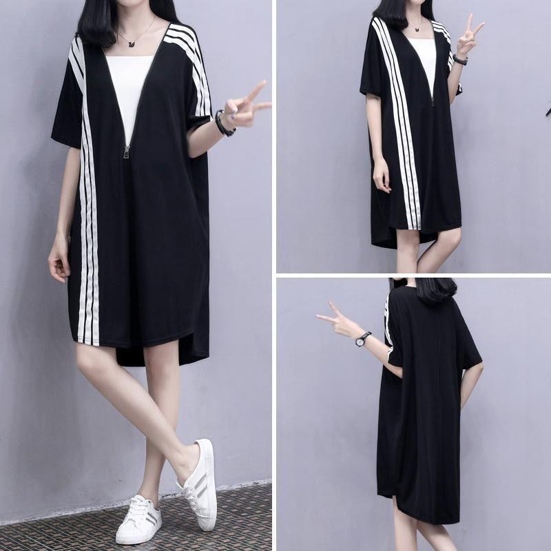 Sweater Skirt T-shirt Skirt Spring Summer Plus Size Women's Zipper Loose Thin Sports Casual A-line Dress