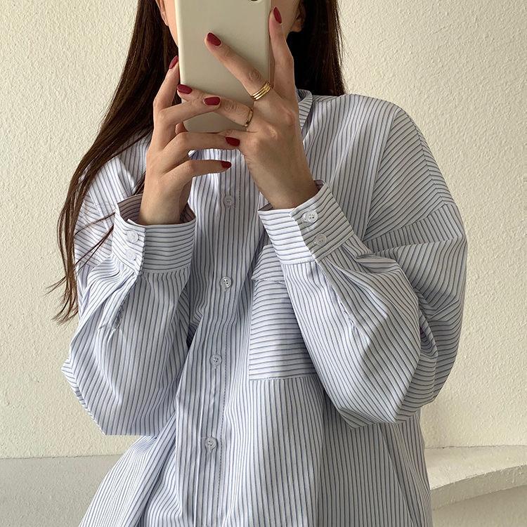 Woman Spring Summer Vintage Casual Shirt Loose Long Sleeve Striped Shirt Stand Collar Streetwear Pocket Shirt