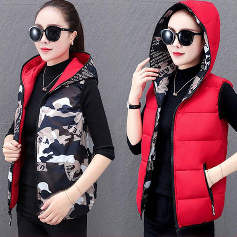 Reversible Hooded Cotton Vest Women's Short Plus Size Thick Winter Waistcoat Vest Jacket