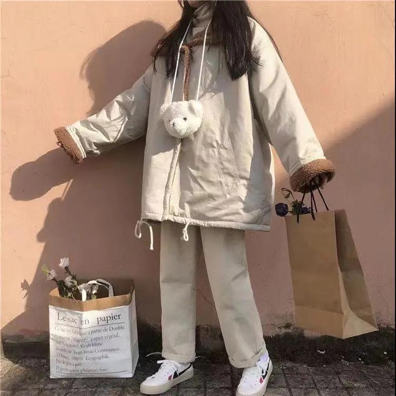 Lamb Fur Lapel Double-sided Cotton Jacket Female Student Korean Version Loose College Style Thick Cotton Jacket