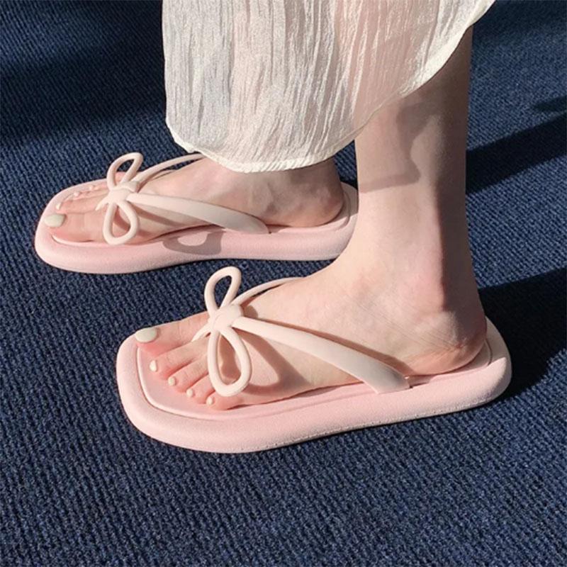 Fairy Wind Bow Flip-flops Female Summer Solid Color Outer Wear Soft Bottom Seaside Clip-on Beach Sandals and Slippers