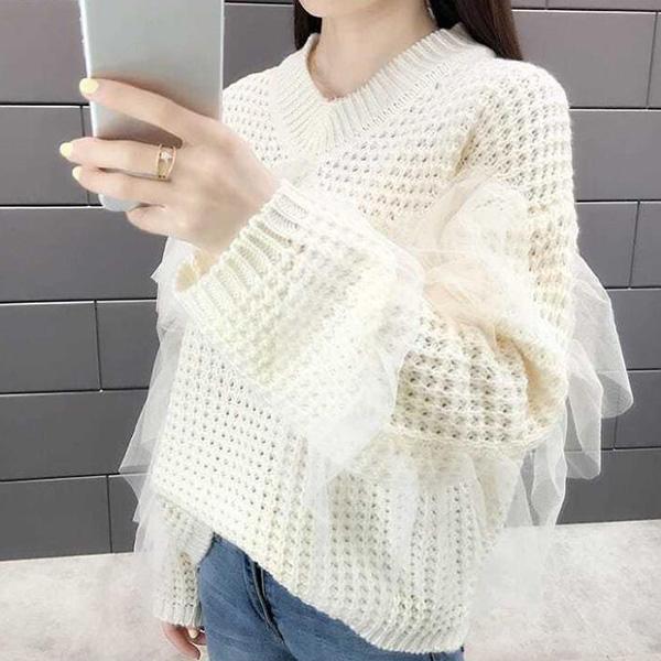 Hollow Lace Stitching Sweater Autumn and Winter Fashion Bottoming Shirt Solid Color Long-sleeved V-neck Sweater Casual All-match Top