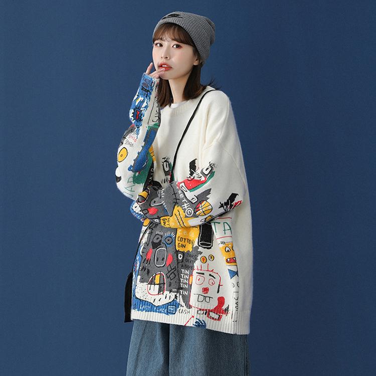 Women Oversized Sweater Autumn Winter Casual Loose Outerwear O Neck Pullover Sweater Coat Student Warm Jumpers Hip Hop Streetwear White Grey