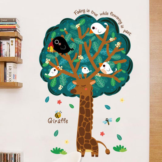 Big tree giraffe cartoon wall stickers room background decoration removable birds family stickers