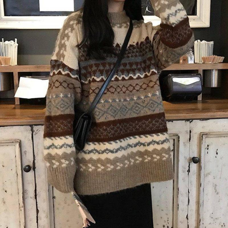 Pofulove loose college style jacquard diamond round neck sweater women's hedging wild students