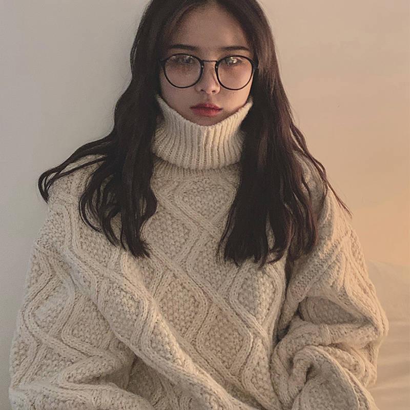 Pofulove Korean Solid Color Thick Turtleneck Female Autumn Winter Lazy Loose Twist Knitted Pullover