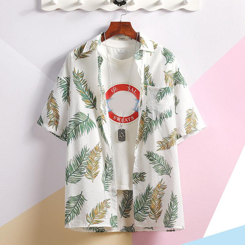 Summer Men Tees Beach Shirt Leaf Print Tee Plus Size Loose Overshirt Half Sleeve Retro Clothes Casual Male Undies Button Up Top