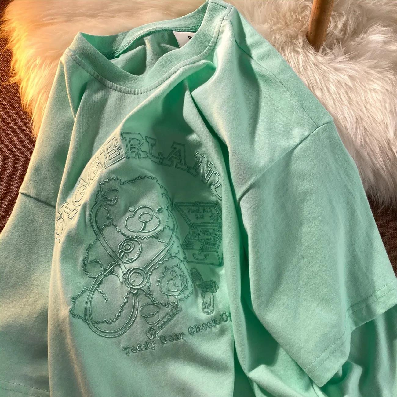 Women Round Collar Summer Cartoon Embroidery Loose Short Sleeve Casual Simple All-match T-Shirt