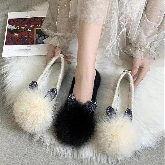 Hairy Shoes Women's Flat-soled Shoes Peas Shoes Round-toe Soft-soled Warm Cotton Shoes Non-slip Women's Shoes Moccasins