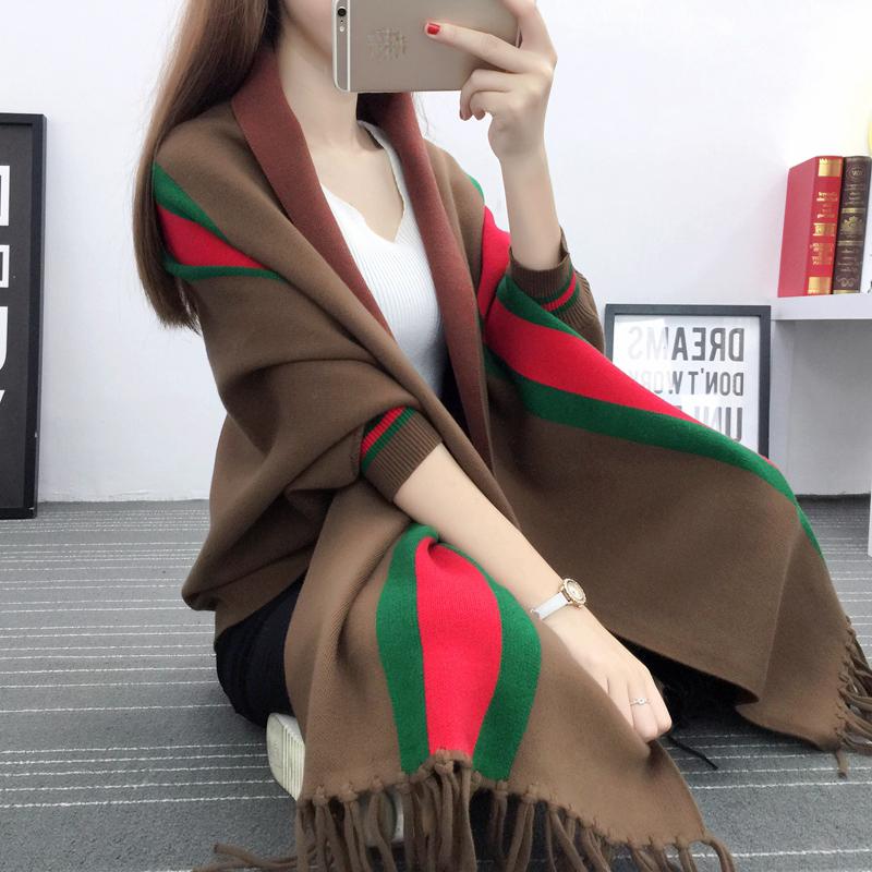 Thicken and Increase Cashmere Feel Long Tassel Shawl Knitted Cardigan Striped Sweater Coat Warm Wrap Women Spring and Autumn