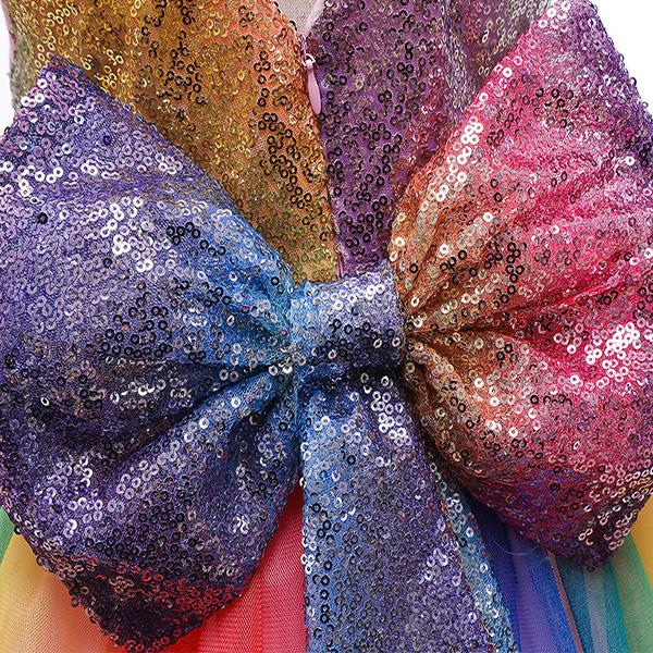 Girls Princess Dress Bowknot Evening Dress Rainbow Sequined Skirt Performance Costume Fluffy Mesh Dress