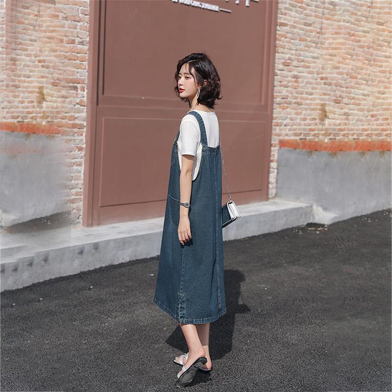 Denim Suspender Skirt Spring Summer Loose Over The Knee Mid-length Suspender Dress Thin