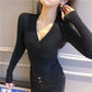 Pofulove Women Sexy Long Sleeve Sweater Cross V-Neck Slim Knitwear Solid Color Bottoming Sweaters