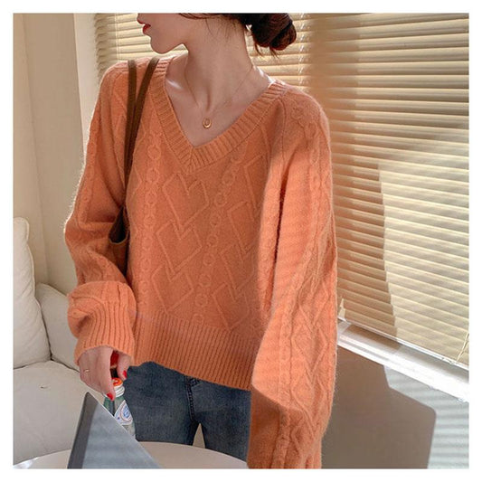 Autumn Fashion Loose Sweater Women's Solid Color Simple Long-sleeved Shirt V-neck Short Knit Sweater