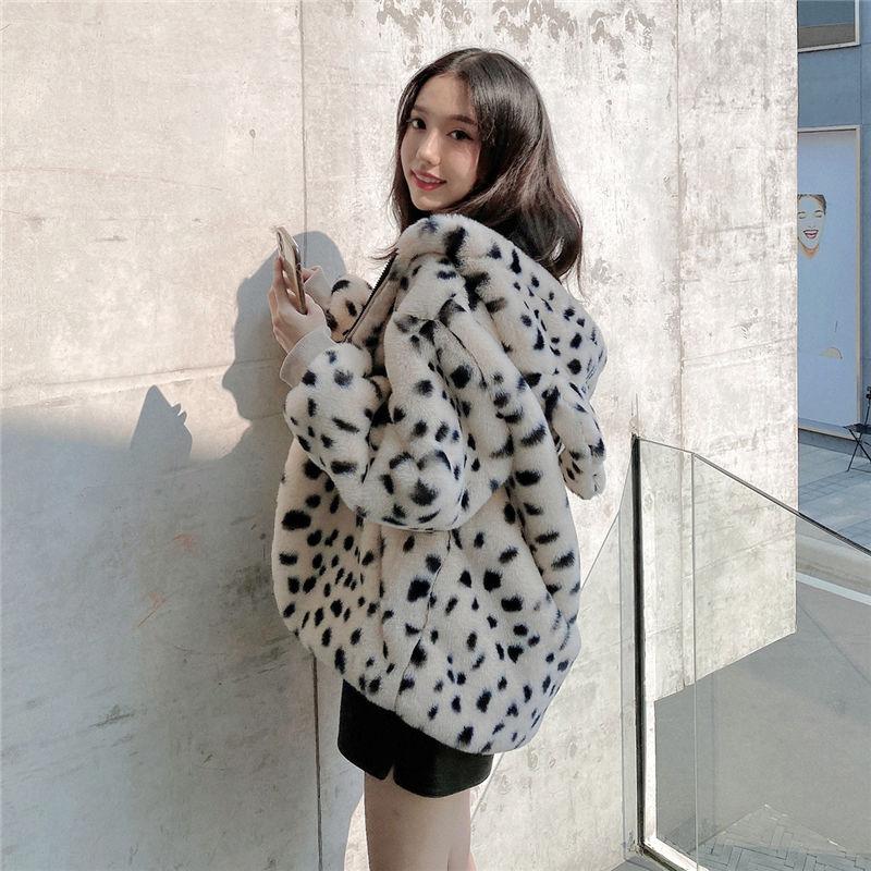 Leopard Print Fur Coat Female Imitation Lamb Hair Short Plush Bear Ears Winter Cute Fur Coat Loose Hood