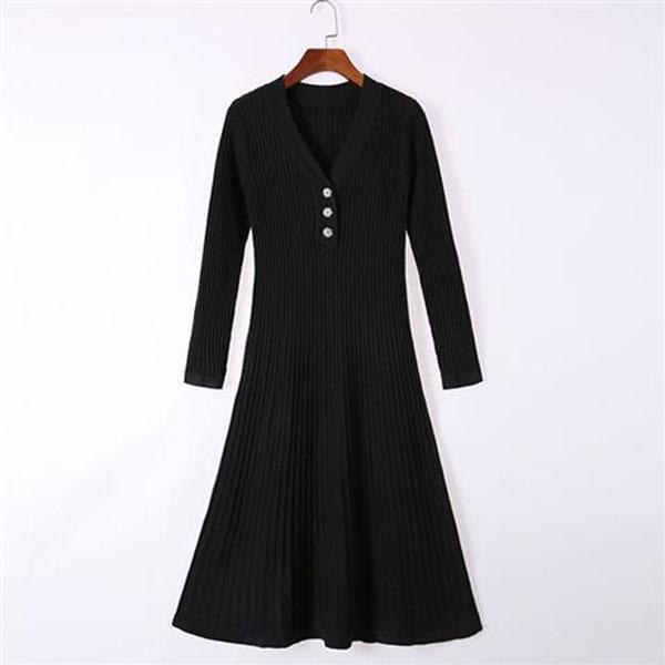 Over The Knee Long Sweater Dress In Autumn and Winter, Slim V-neck Long-sleeved Bottoming Shirt, Buttocks Knitted Female Dress