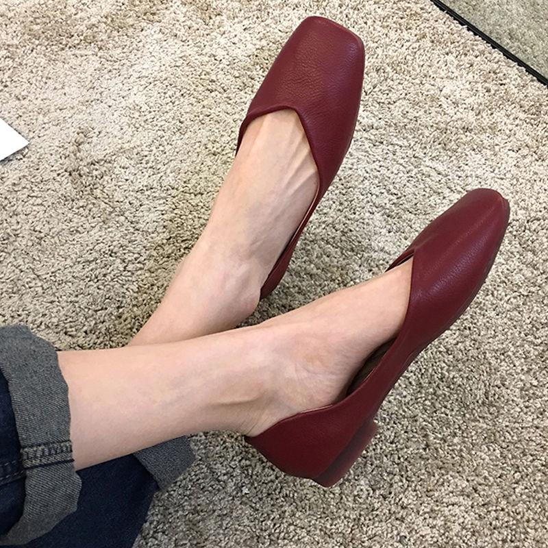 Women 'S Spring Summer Flats Shoes Vintage Soft Leather Low Heels Slip On Footwear Square Head Shoes