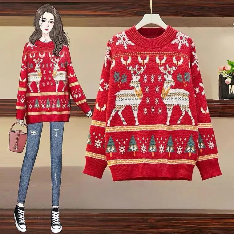 Women's Winter Christmas Red and Blue Snowflake Elk Sweater Large Size Loose Long Sleeve Autumn Knitted Pullover