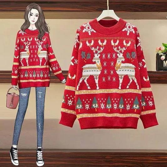 Women's Winter Christmas Red and Blue Snowflake Elk Sweater Large Size Loose Long Sleeve Autumn Knitted Pullover