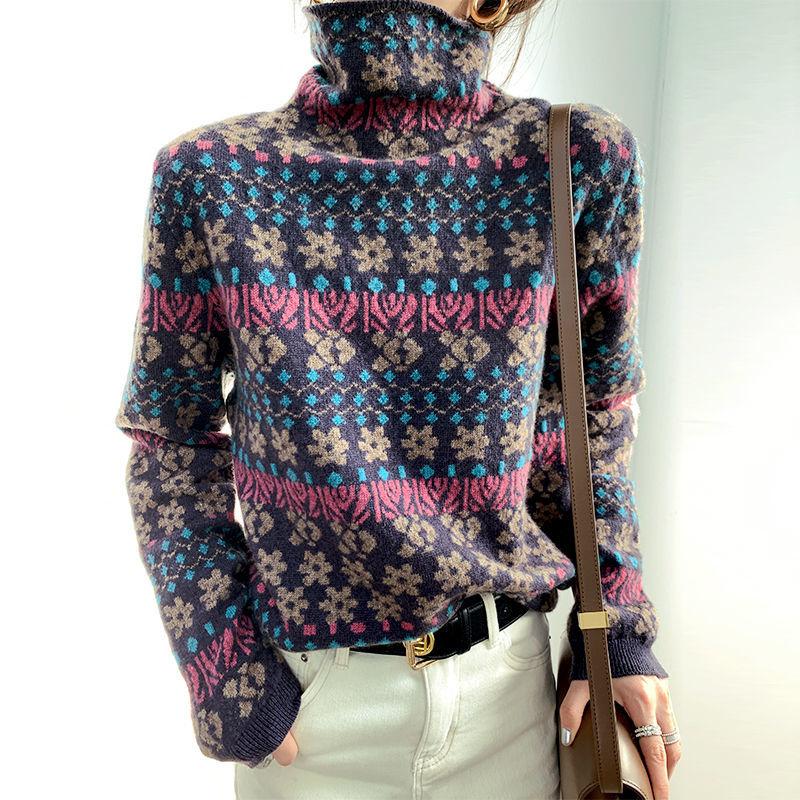 Retro Jacquard Turtleneck Sweater Women Fall/winter Loose Pullover Long-sleeved Fashion Sweater Inner Base