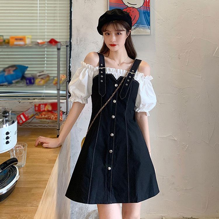 Women Spring and Summer Sling Short Puff Sleeve One Shoulder Mid-length Casual Vacation Office Home