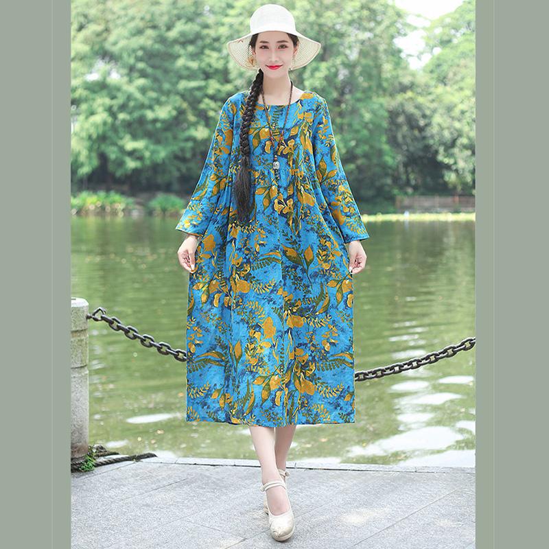 Ladies Spring and Autumn Long-sleeved Dress Retro Loose Large Size Ethnic Style Long Print New A-line Skirt