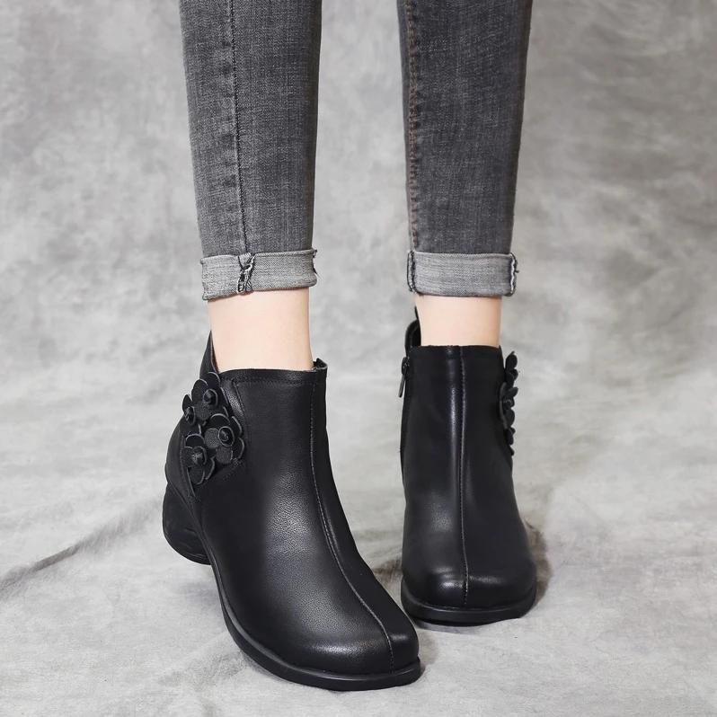 Women's Autumn and Winter Cowhide Plus Cashmere Martin Boots Waterproof Non-slip High Heels Out High Heel Ankle Boots Soft Mother Shoes