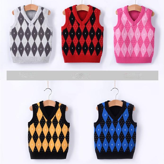 Knitted Baby Vest Children's Checker Printed Vest Boys Knitted V-neck Vest Fall/ Winter Outwear