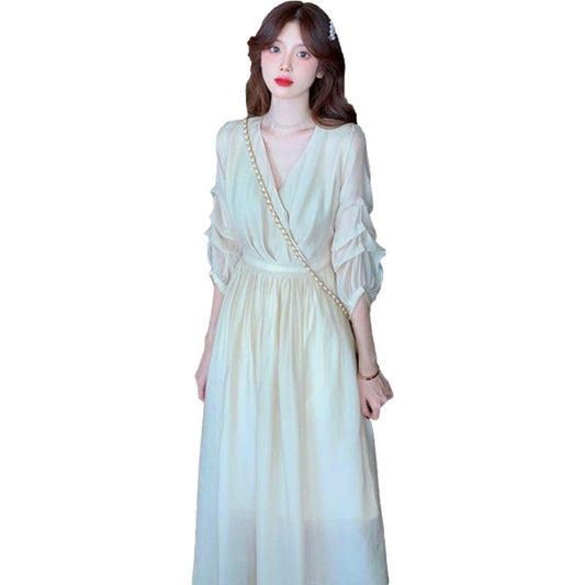 Female Large Size Elegant Holiday Dress Summer High Waist Slim Vintage Gentle Long Vacation Dress