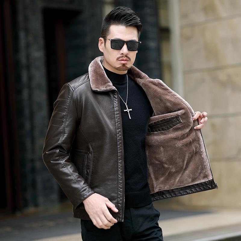 Winter leather men's fur one plus velvet thick jacket large size long-sleeved jacket men's clothing