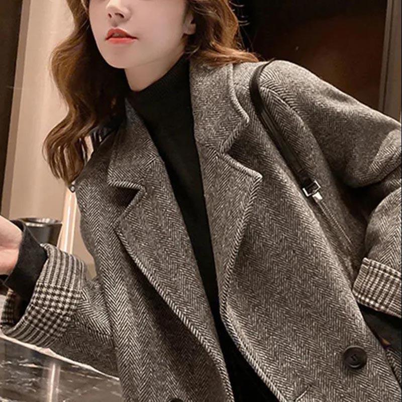 Coat Women's Spring and Autumn British Style Woolen Plus Cotton Thickened Loose and Thin Casual Coat