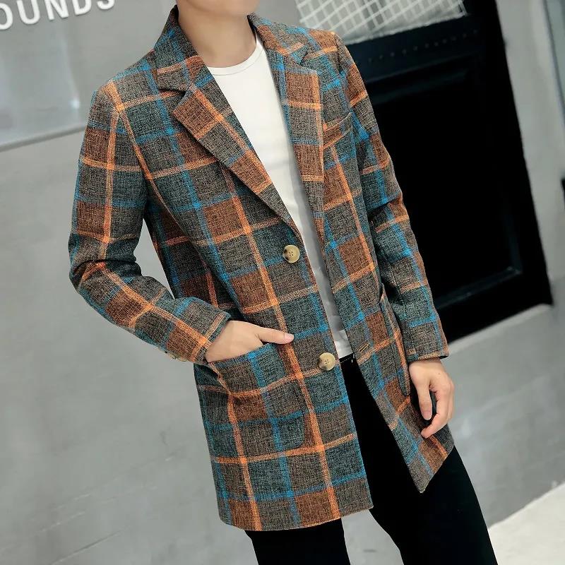 Autumn Men's Casual Mid-length Windbreaker Youth Tartan Coat Suit Collar Single-breasted Jacket Men
