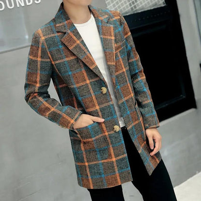 Autumn Men's Casual Mid-length Windbreaker Youth Tartan Coat Suit Collar Single-breasted Jacket Men