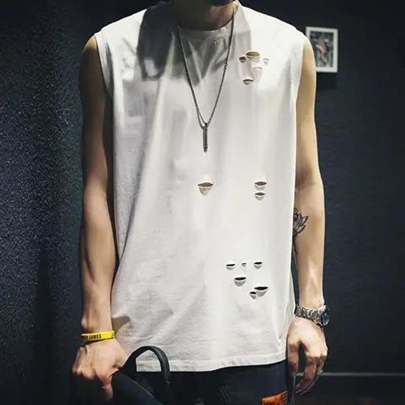Summer Thin Rotten Hole Sleeveless T-shirt Loose Waistcoat Outer Wear Solid Color Trendy Vest