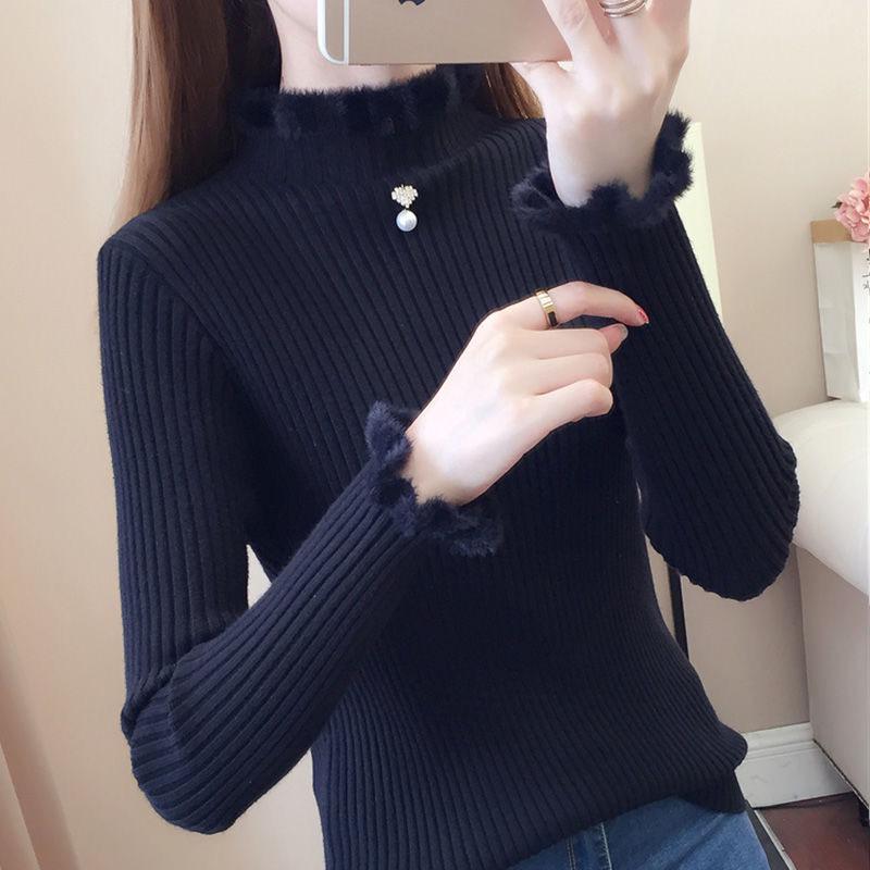 Mink Autumn and Winter Thickening Slim-fit Sweater Bottoming Shirt Half High Neck Young Women's Sweater