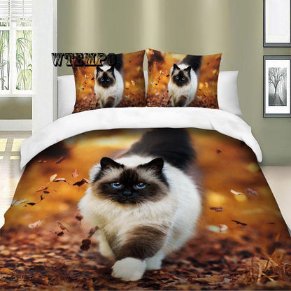 3pcs Cute 3D Autumn Cat Cat Print Duvet Cover Pillow Case Zipper Kids Bedding Set Bedclothes