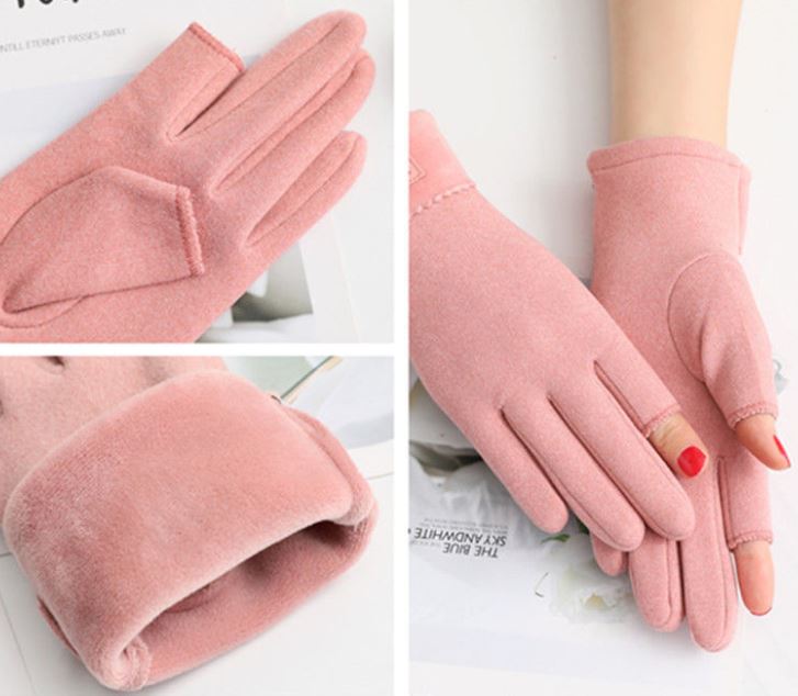 Fingerless Warm Gloves Female Winter Cute Korean Version Half-finger Plus Velvet Thick Cotton Driving Leak Two Fingers