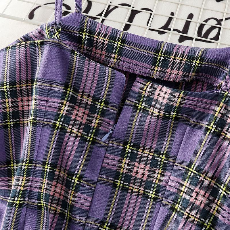 Purple Plaid Sling Dress 2 Pieces Ladies Suit Skirt Spring and Summer Sling  Casual Vacation Office Home