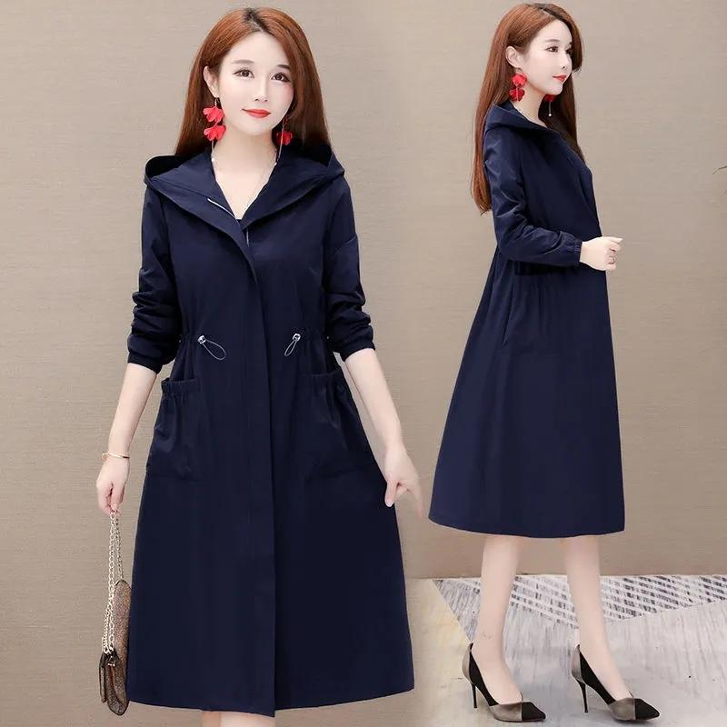 Women's Mid-length Hooded Windbreaker Solid Color Elastic Waist Thinner Hooded Jacket Korean Style Large Size Loose Jacket Drawstring Zipper Jacket