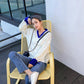 Pofulove Pullover Sweater V-neck Flared Sleeve Loose Autumn Winter Sweet Korean Knitting Sweater