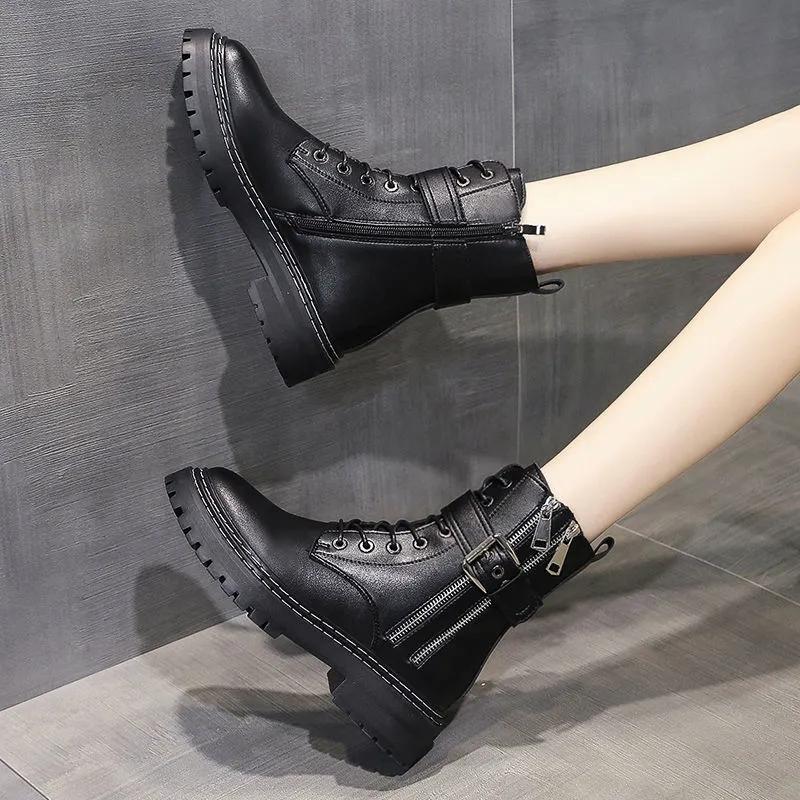 Woman Short Boots Autumn and Winter All-match Thick-soled British Style Martin Boots Single Boots Leather Boots