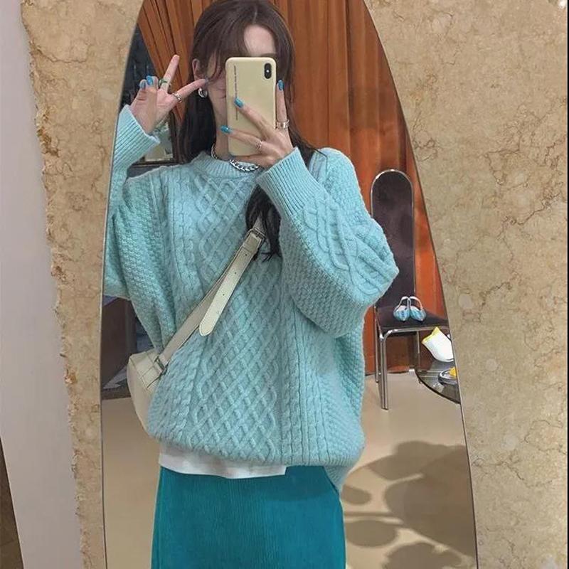 Autumn and Winter Women's Sweater Korean Loose Soft Solid Color Blouse Retro Round Neck Pullover