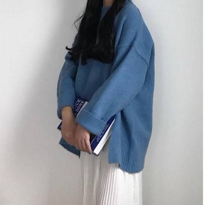 Pofulove Autumn Winter Solid Color Round Neck Sweater Schoolgirl Wide Loose Fork Base Sweater Shirt