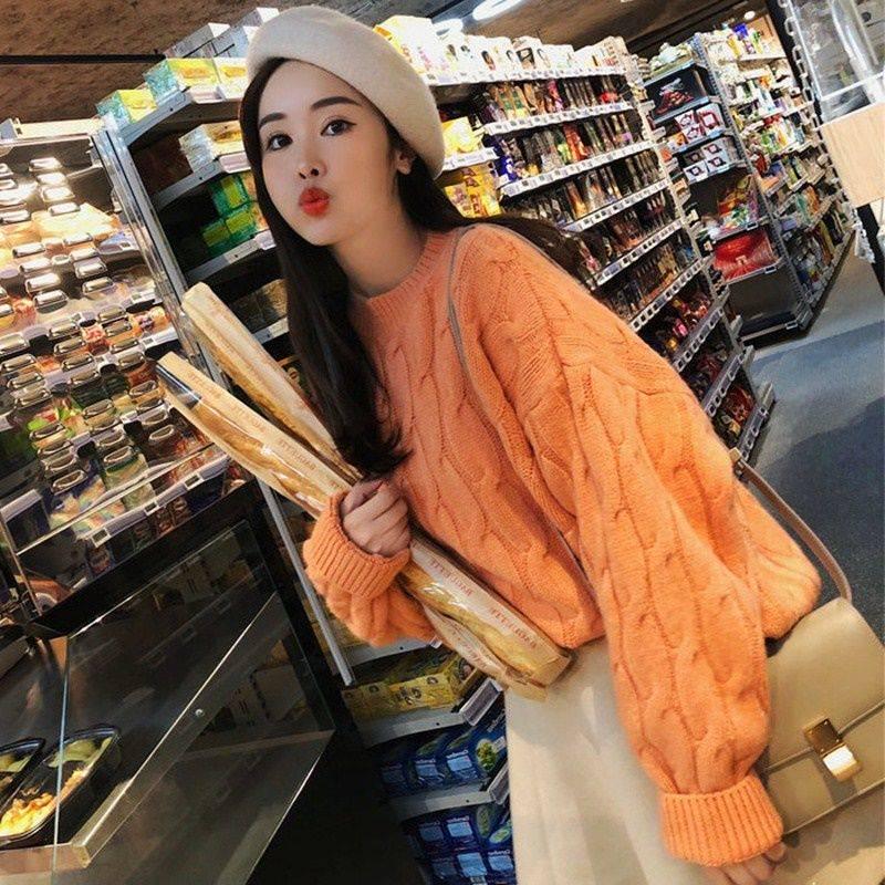 New loose sweater autumn and winter twist round neck pullover solid color long-sleeved sweater women